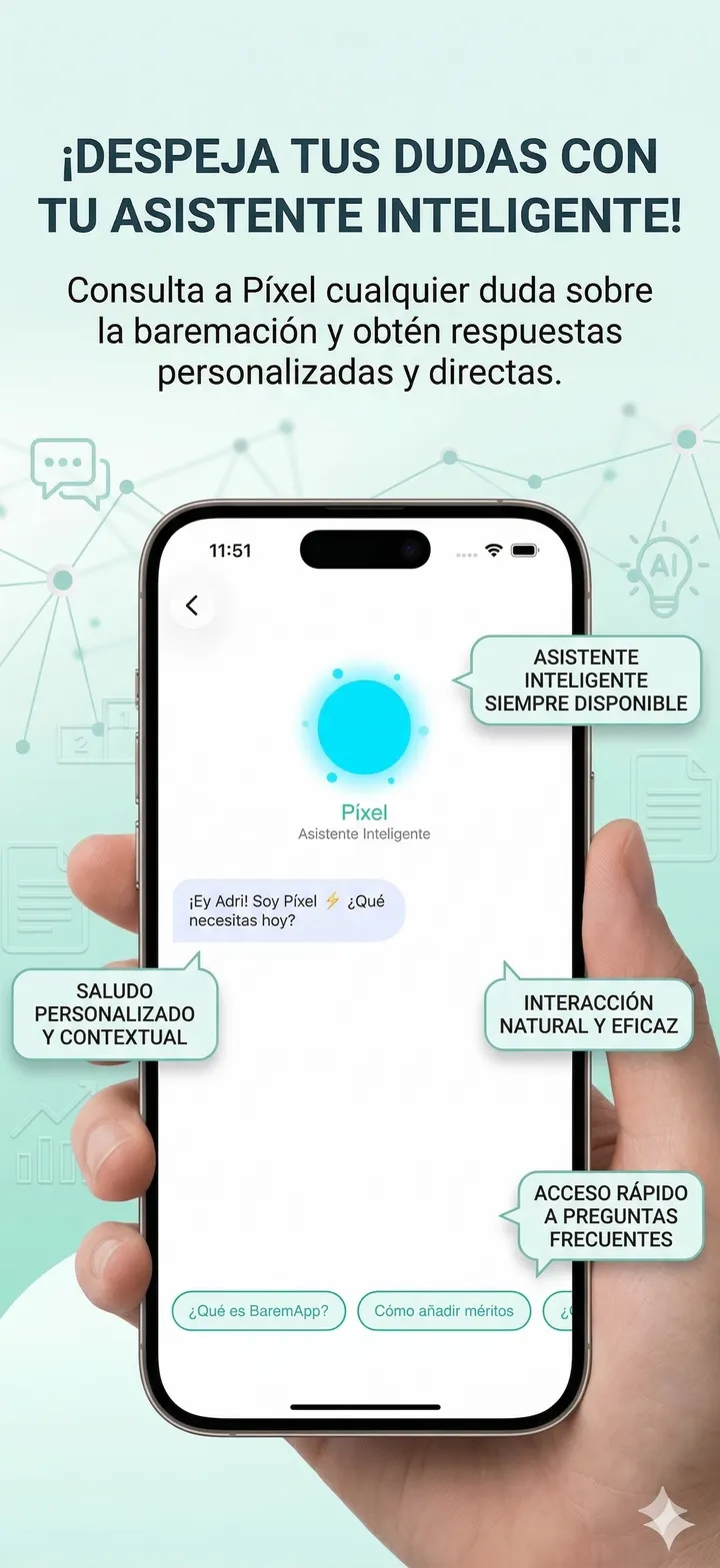 Pantalla del asistente de ayuda inteligente integrado en BaremApp