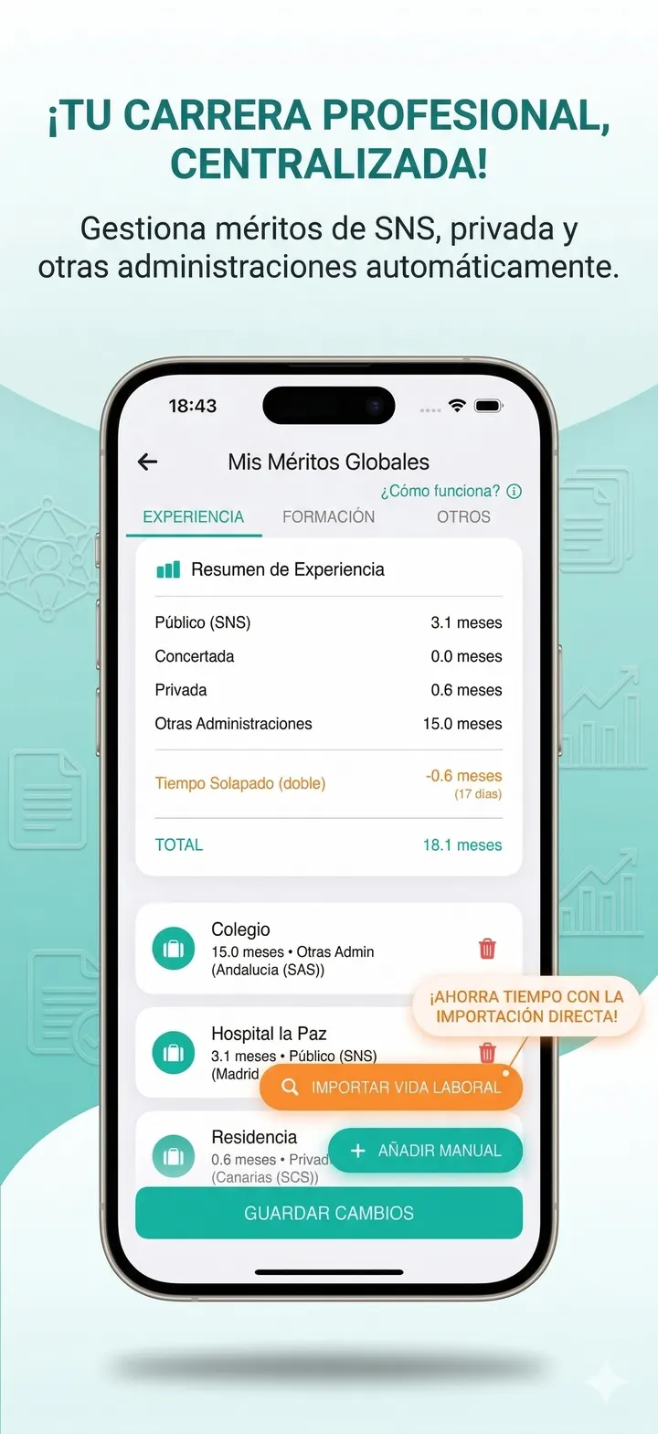 Pantalla de listado y totales de méritos en BaremApp